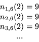 \begin{displaymath}
\begin{array}{c}
n_{1,6}(2) = 9 \\
n_{2,6}(2) = 9 \\
n_{3,6}(2) = 9 \\
...
\end{array}\end{displaymath}